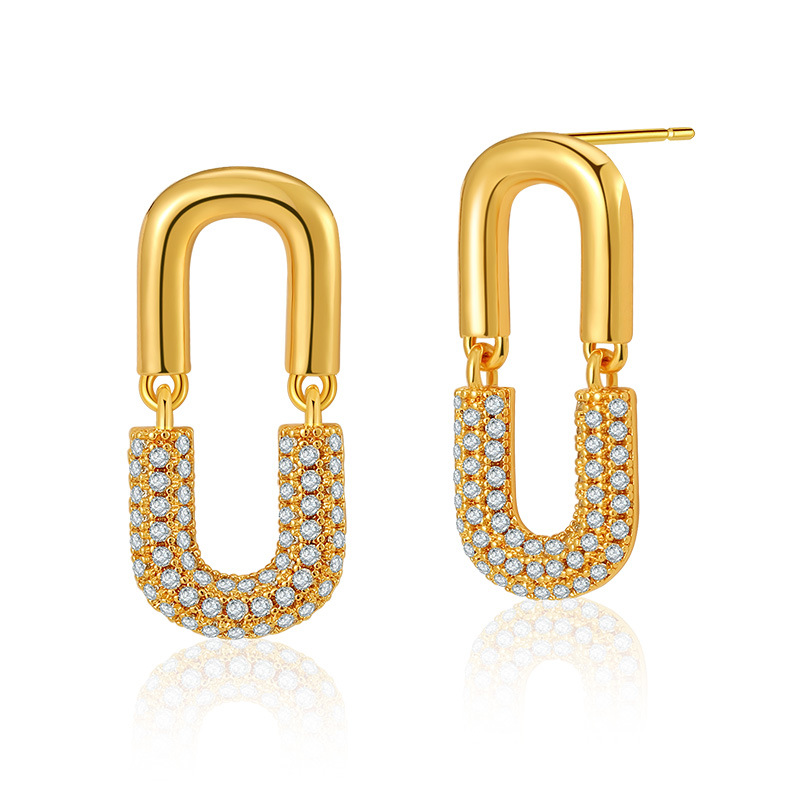 18K Gold Plated Brass U Shape Cubic Zirconia Drop Earrings, Paperclip Linked Dangle Earrings for Women - Image 3