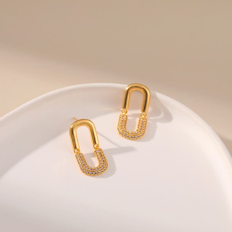 18K Gold Plated Brass U Shape Cubic Zirconia Drop Earrings, Paperclip Linked Dangle Earrings for Women - Image 4
