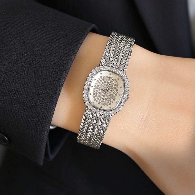 Silver Diamond Oval Women Watch Mesh Brass Dress Wrist Watch