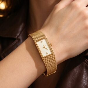 Minimalist Vintage Rectangular Mesh Gold Watch for Women