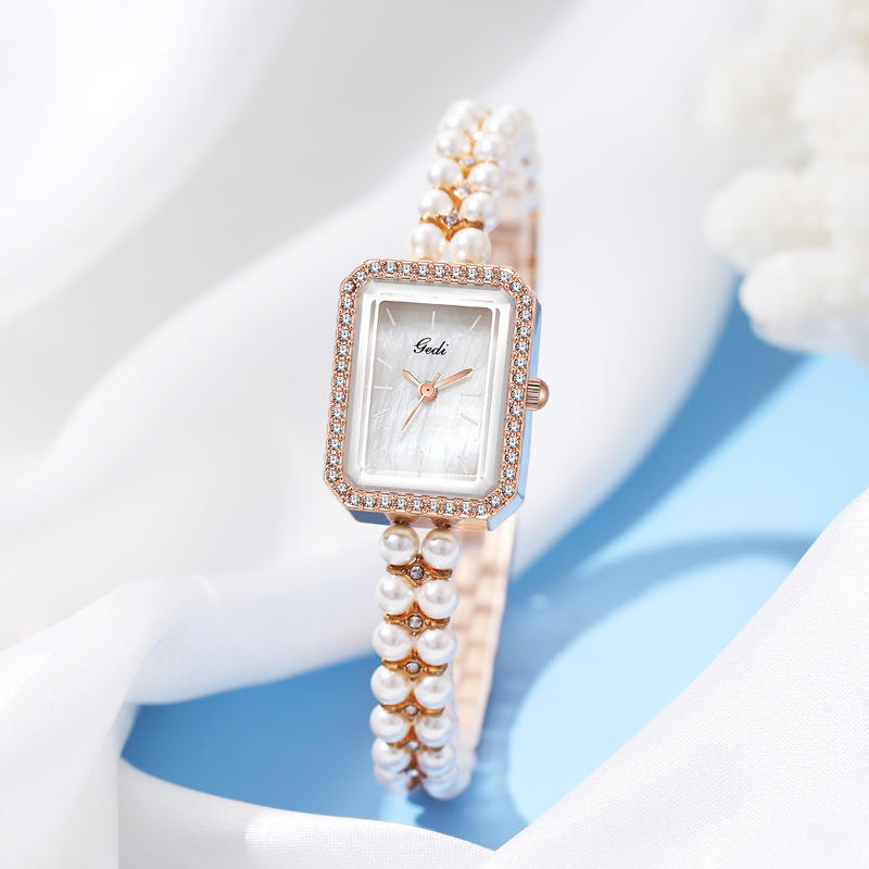 Square Mother‑of‑Pearl Crystal Women Watch | Pearl Band Quartz Wristwatch