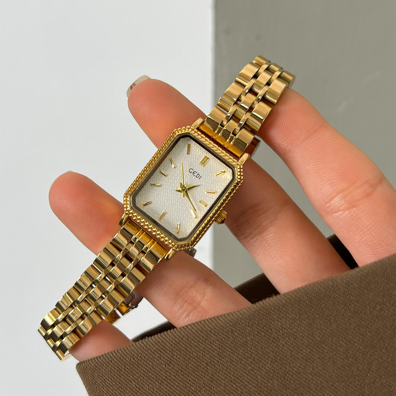 Vintage Square Textured Dial Gold Women Watch | Stainless Steel Band Quartz Wristwatch