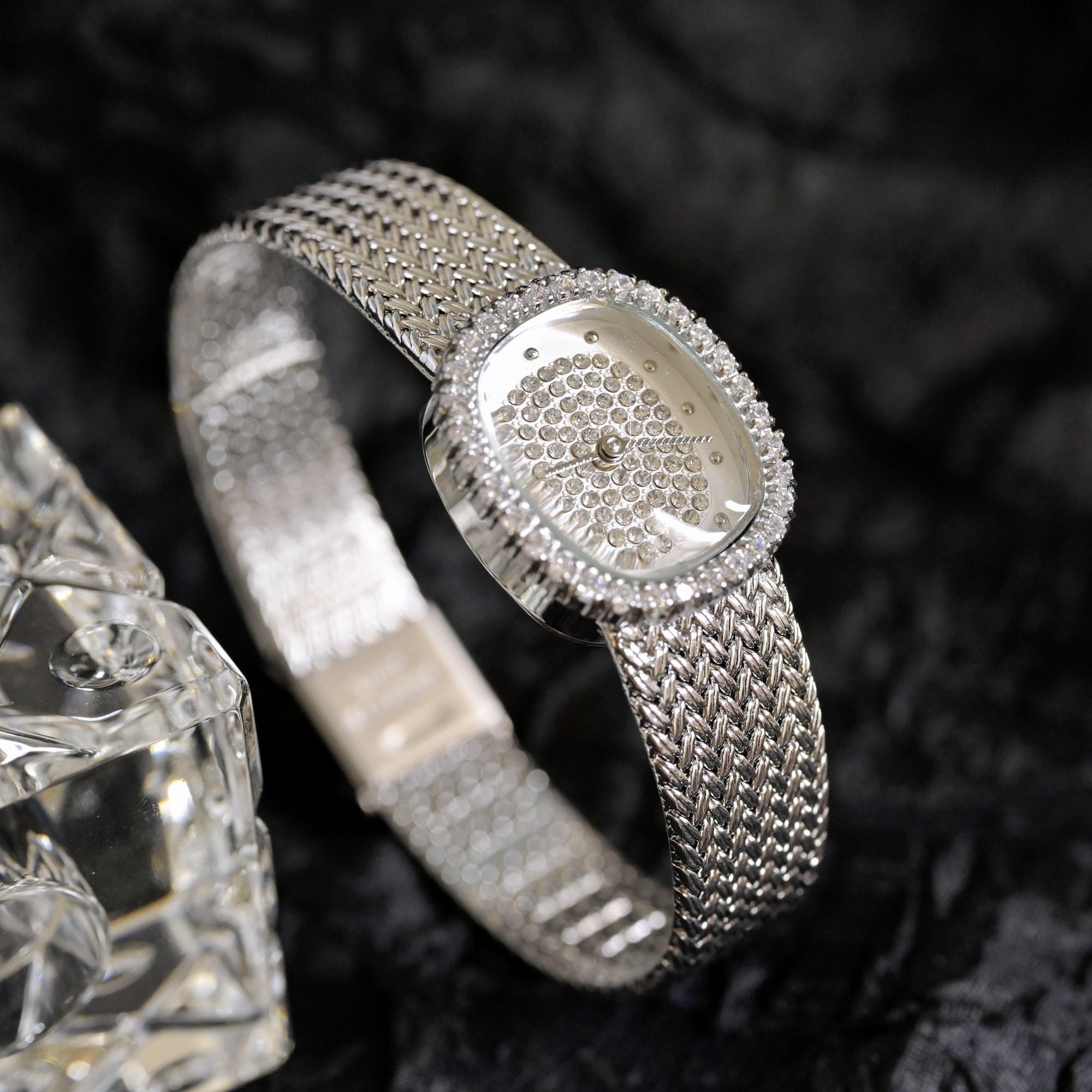 Silver Diamond Oval Women Watch Mesh Brass Dress Wrist Watch - Image 4