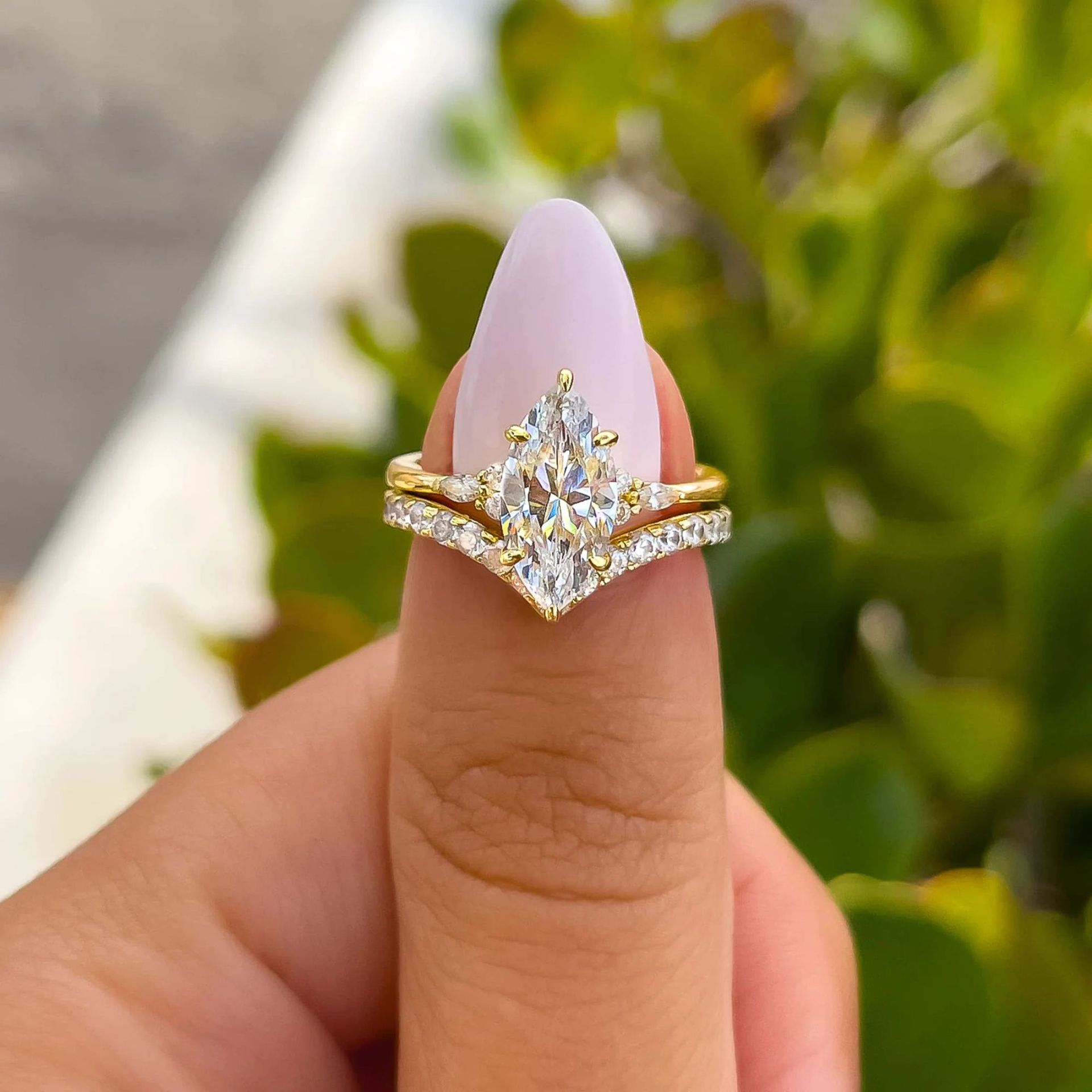 Marquise CZ Ring Set, Marquise Cut Cubic Zirconia Stackable Ring Set, Gold Plated over Brass Side Cluster CZ Ring Set for Women - Image 2