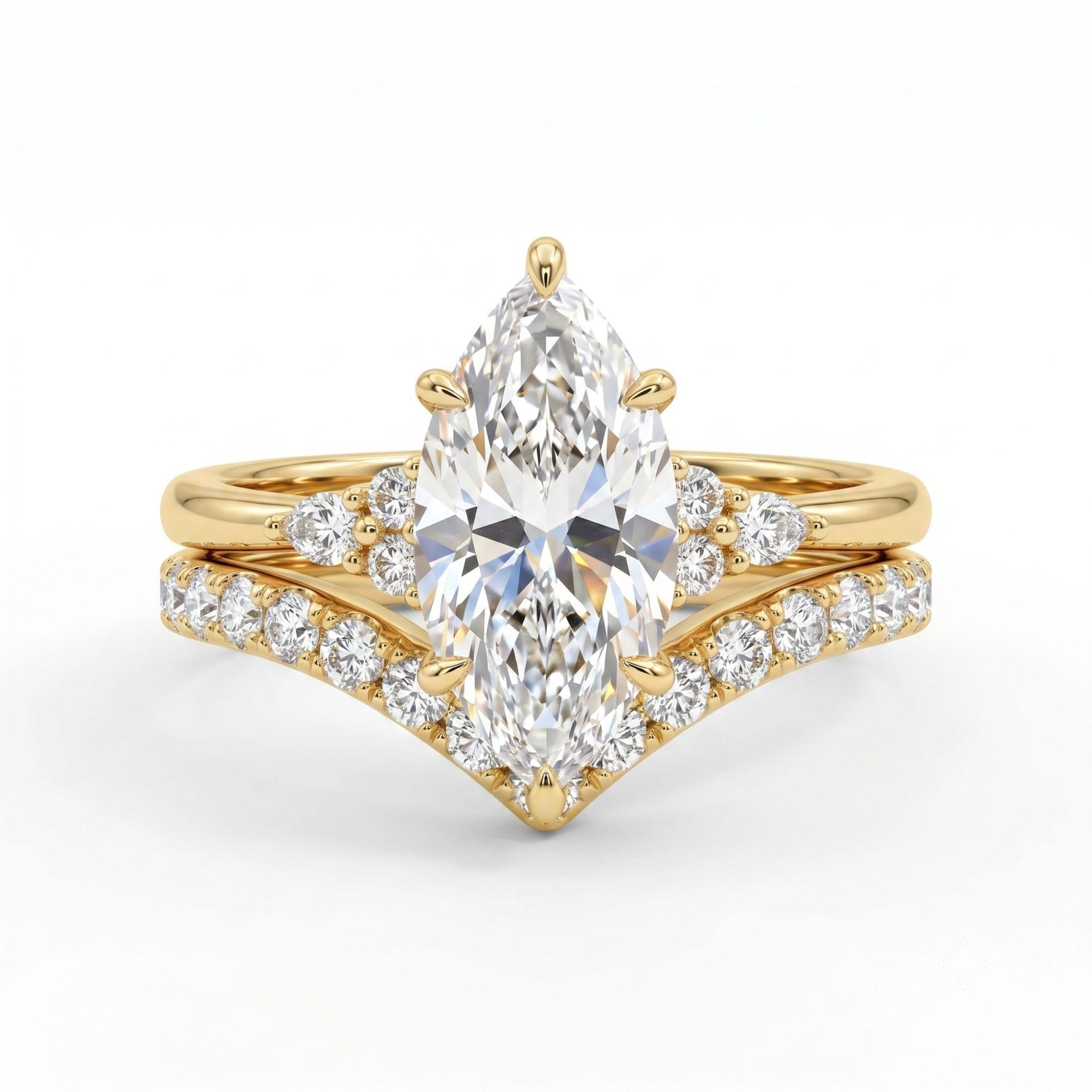 Marquise cz ring set, gold plated brass stackable ring with side cluster cubic zirconia