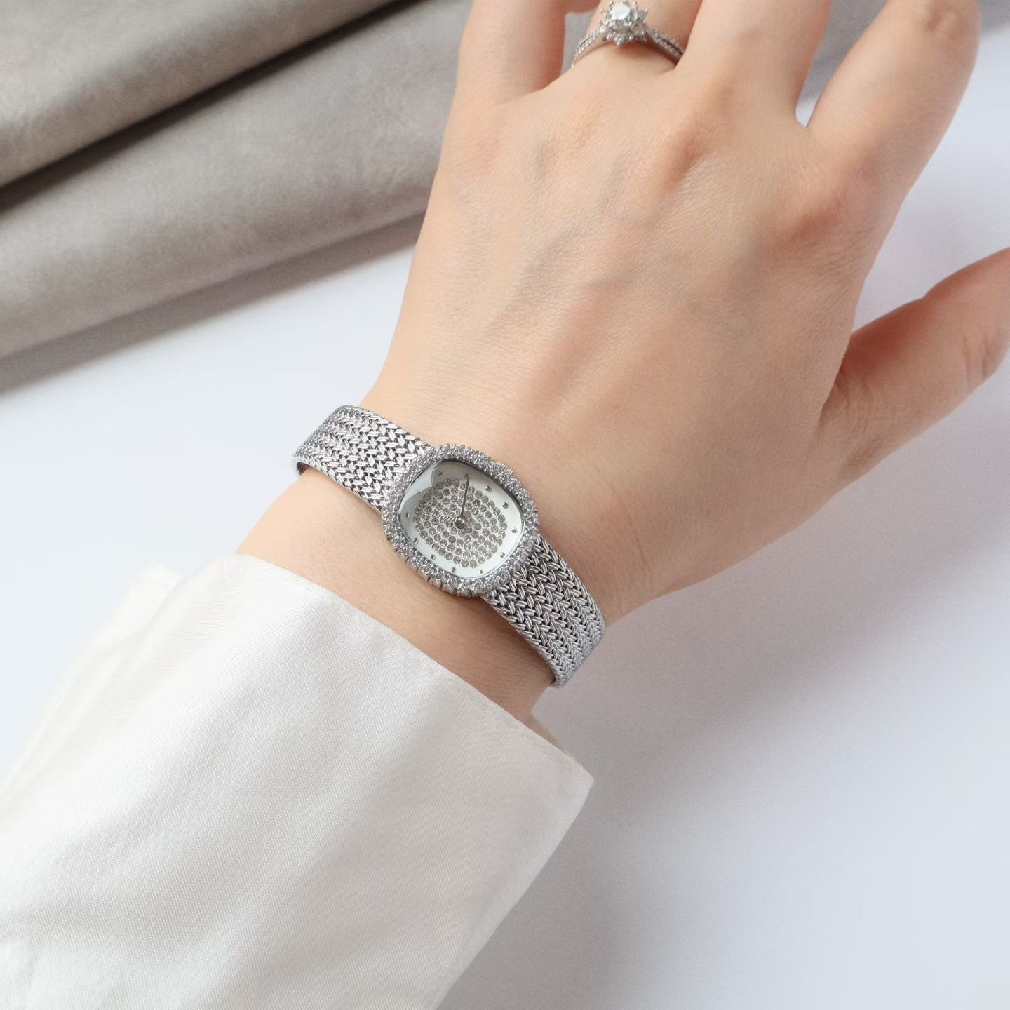 Silver Diamond Oval Women Watch Mesh Brass Dress Wrist Watch - Image 2