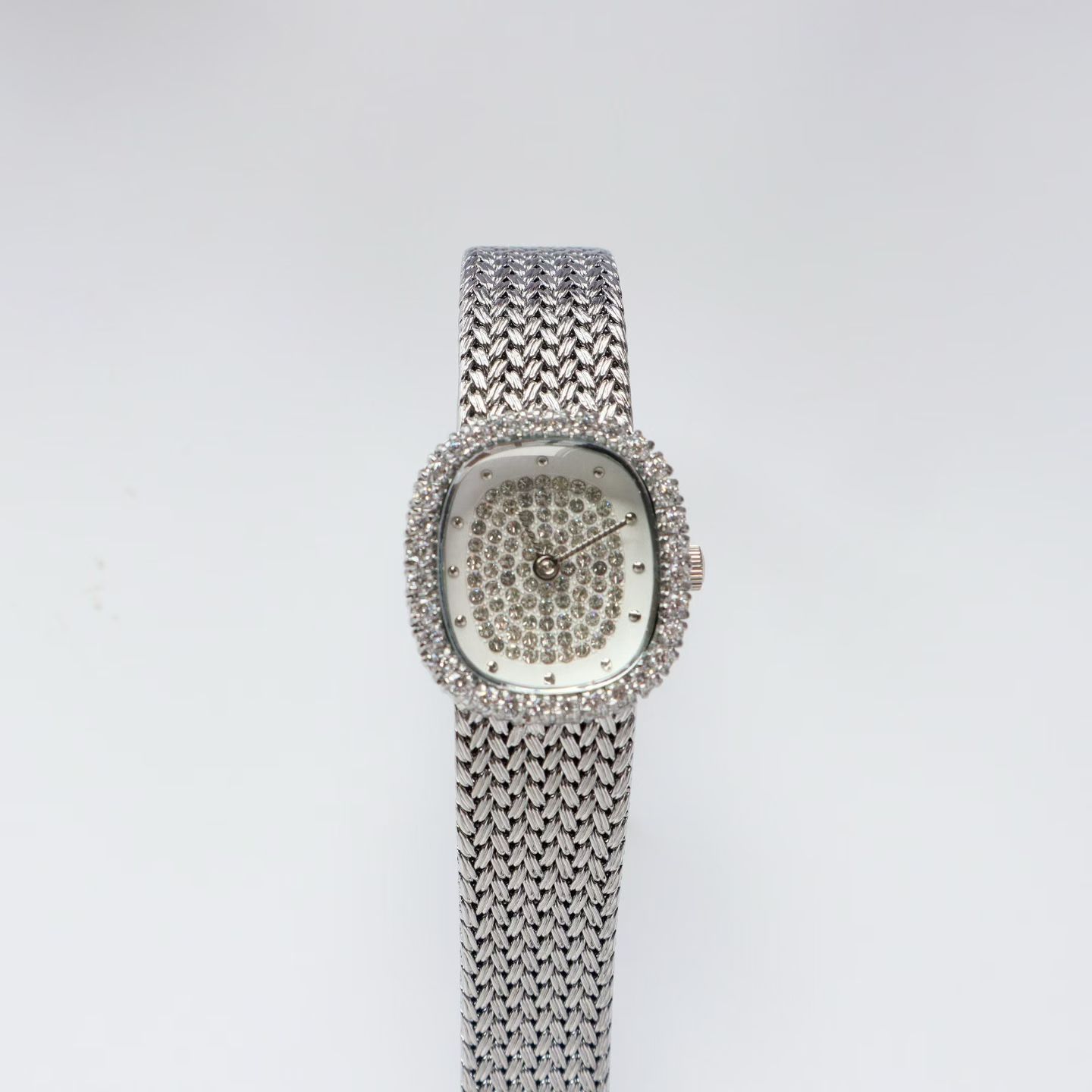 Silver Diamond Oval Women Watch Mesh Brass Dress Wrist Watch - Image 3